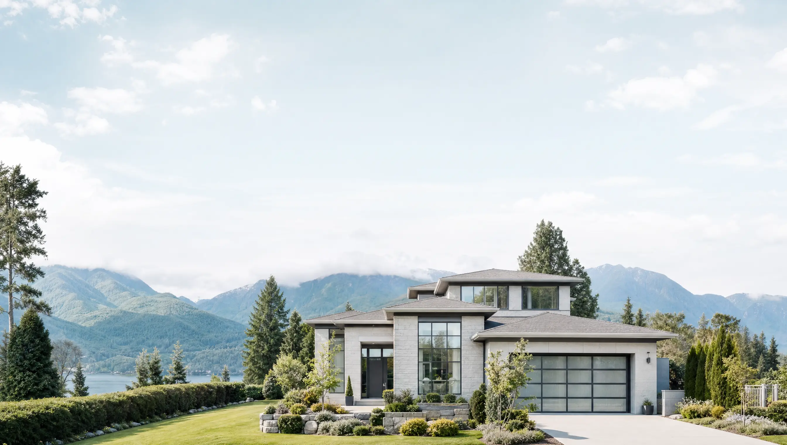 A pristine modern Vancouver home on a bright, calm day with the North Shore mountains behind