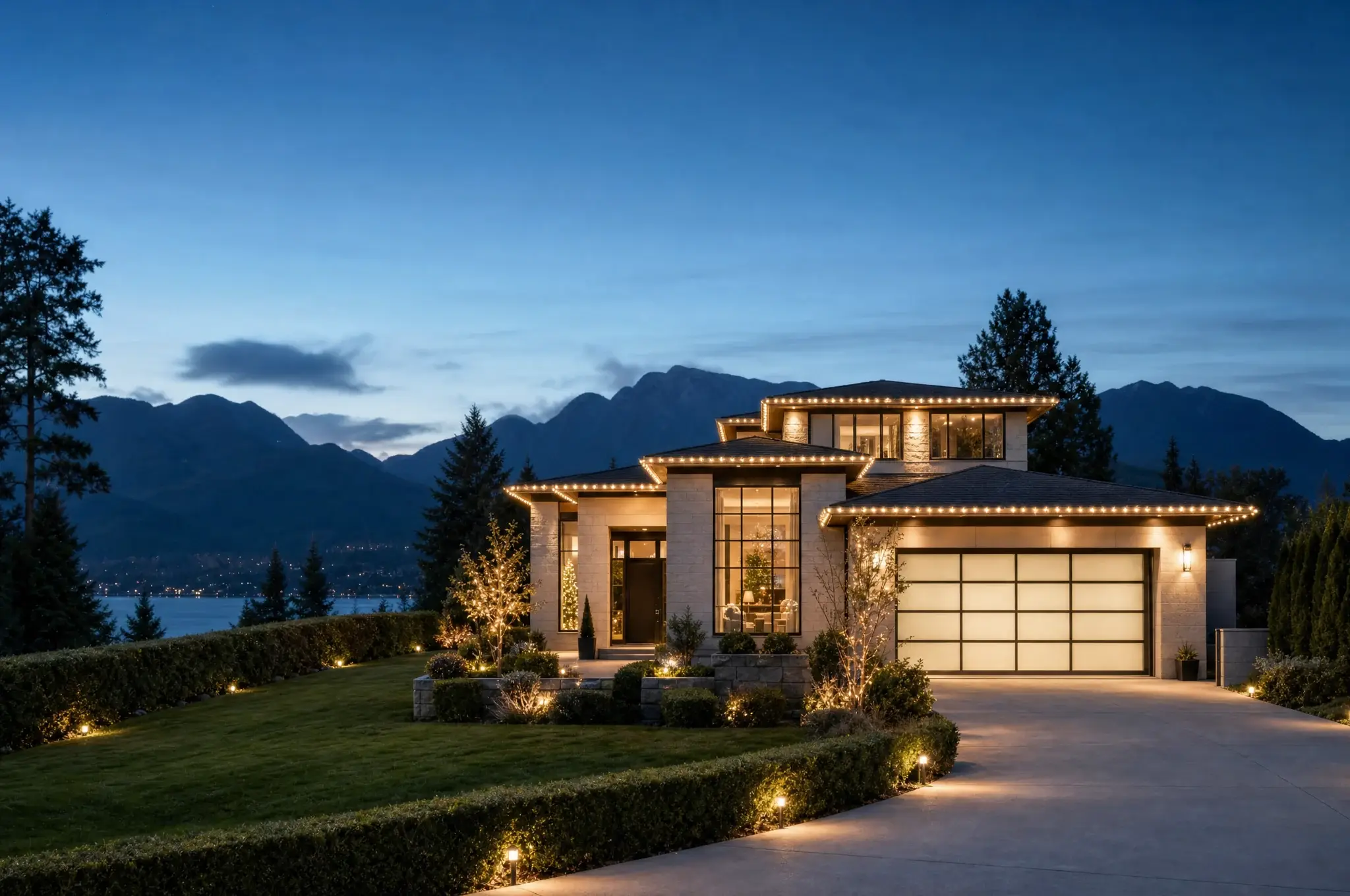 Warm holiday lights strung neatly along a home's roofline