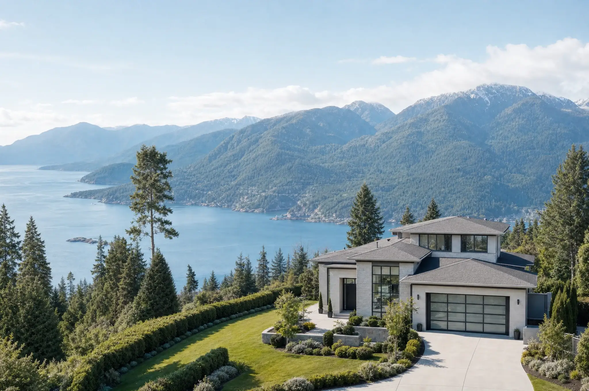 A pristine modern West Coast home in full daylight, the North Shore mountains and the ocean behind it