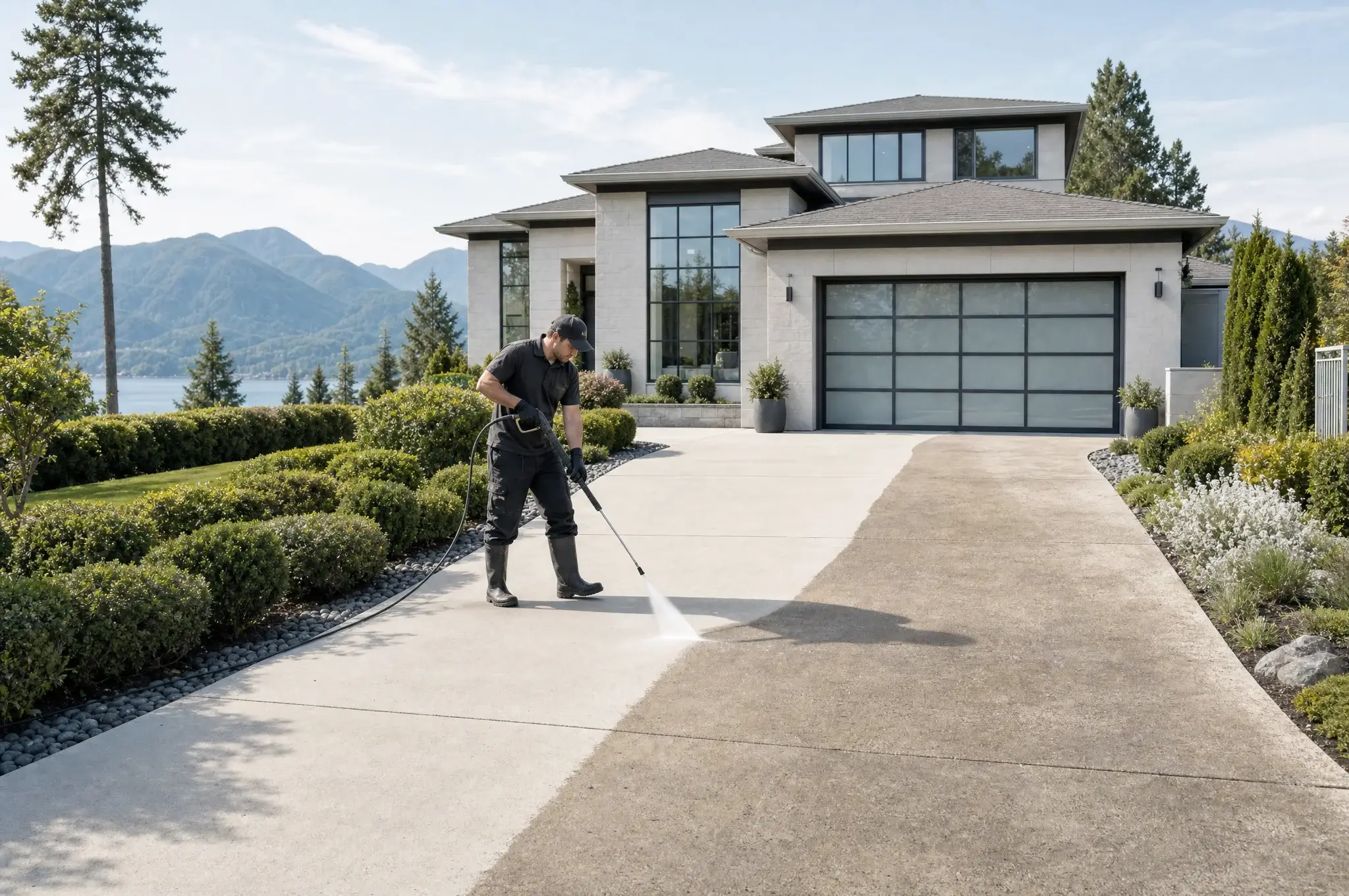 A driveway pressure washed back to fresh, clean concrete