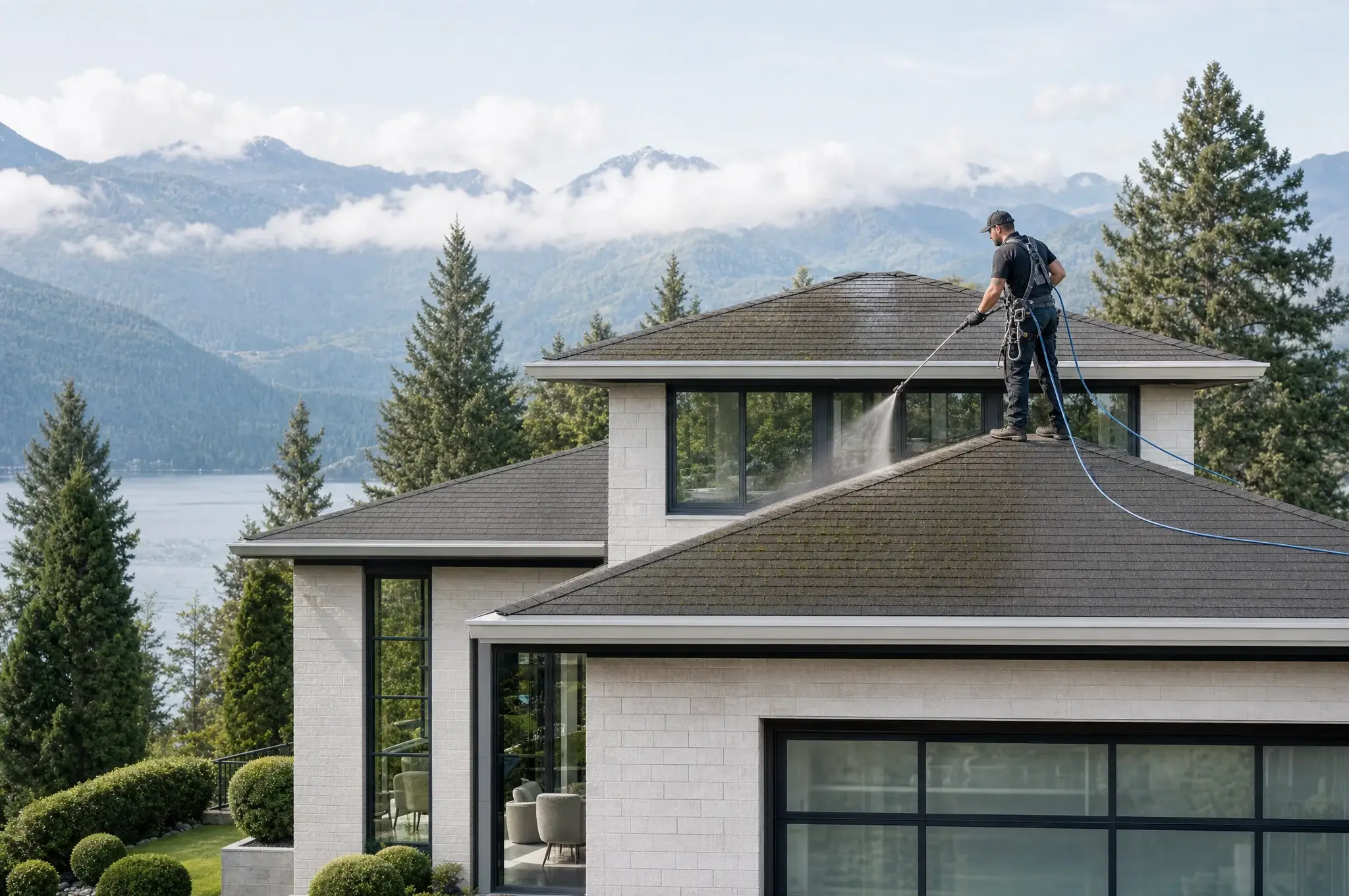 Moss being cleared from a coastal British Columbia roof in morning mist