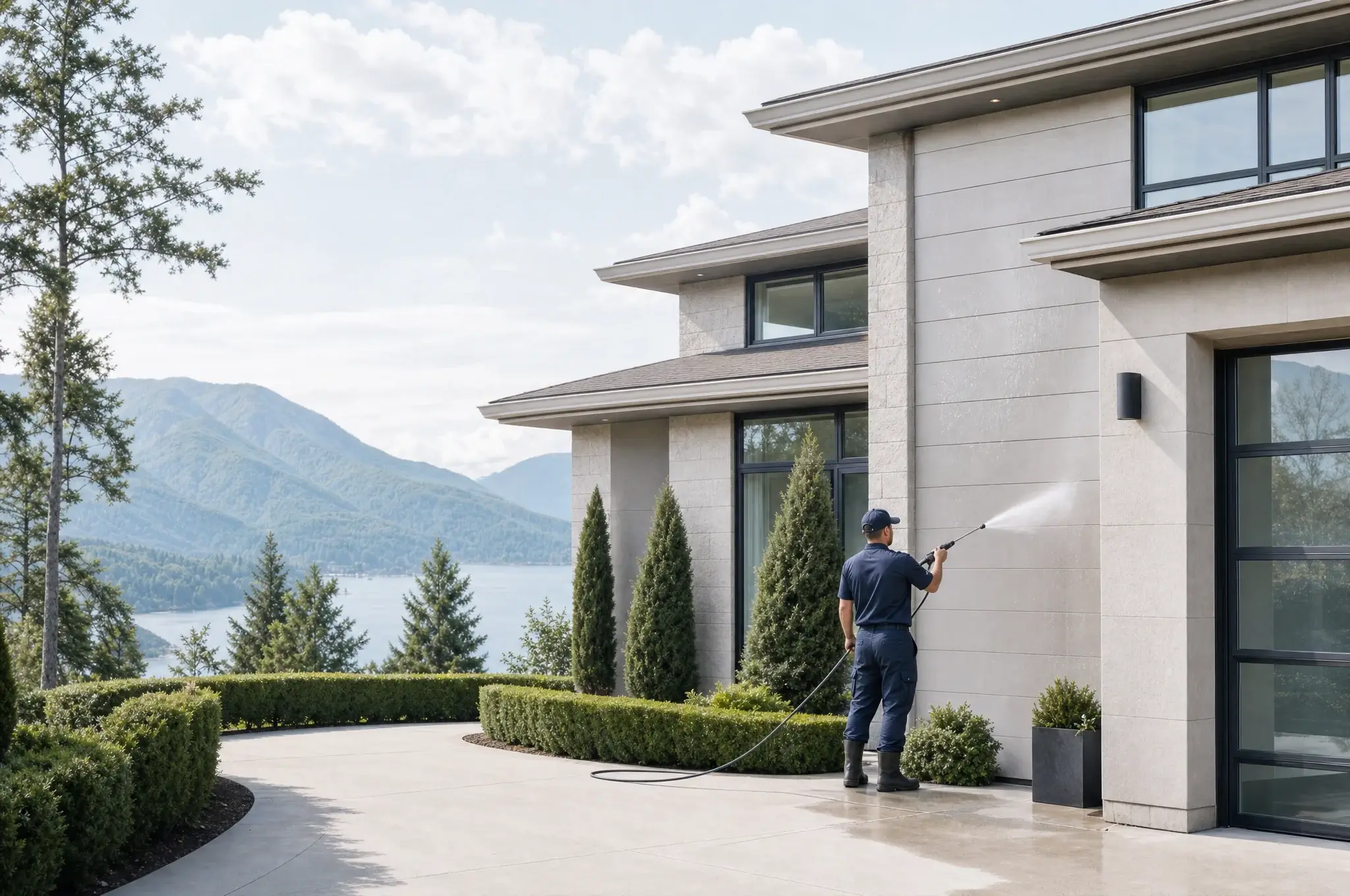 A Vancouver home's siding being soft washed with the North Shore mountains behind