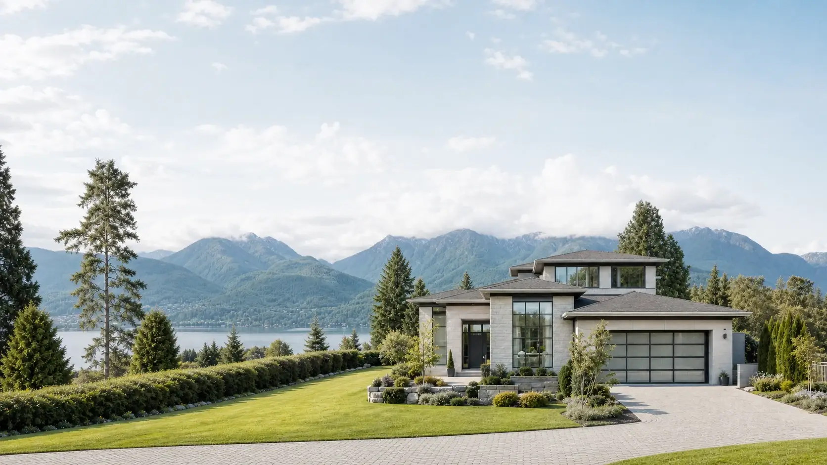 A pristine modern West Coast home in full daylight, the North Shore mountains and the ocean behind it