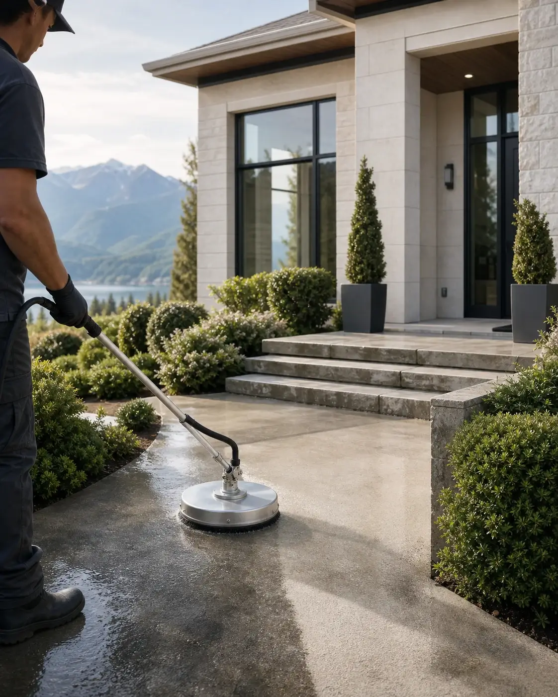 Concrete cleaned to a fresh finish in warm evening light