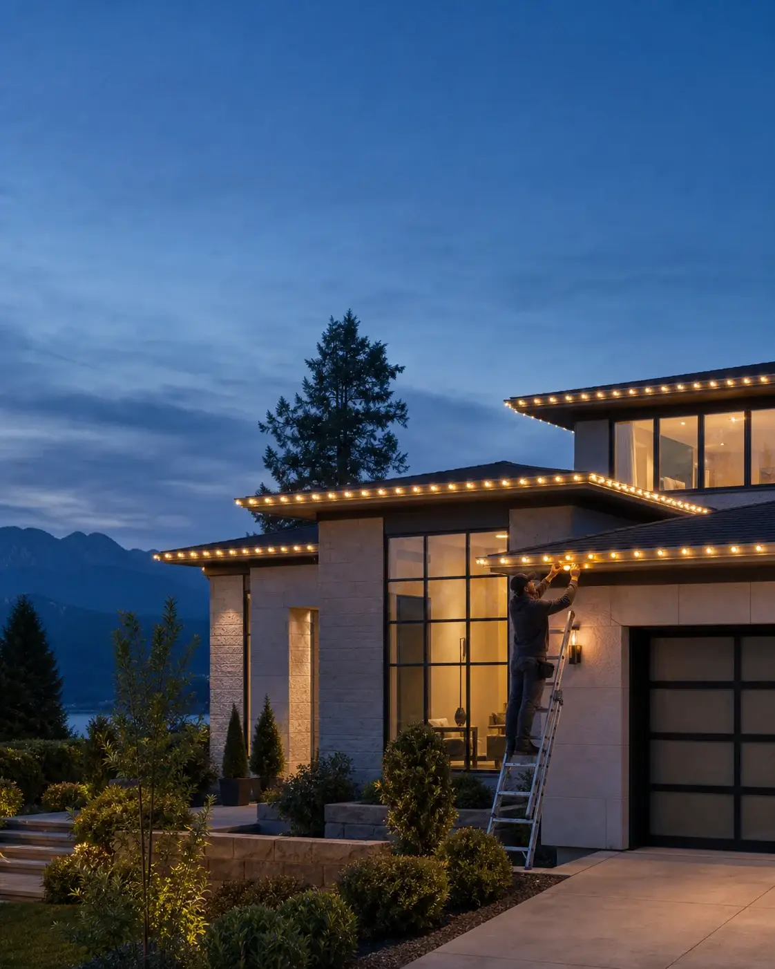 Warm holiday lights strung neatly along a home's roofline
