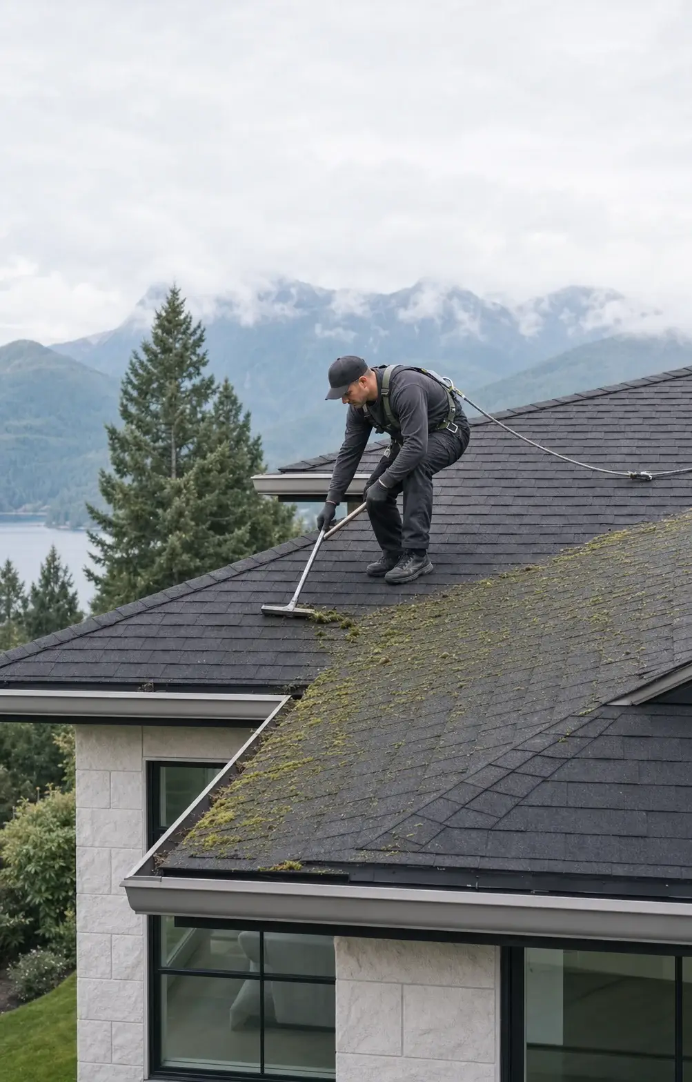 Moss being cleared from a coastal British Columbia roof in morning mist