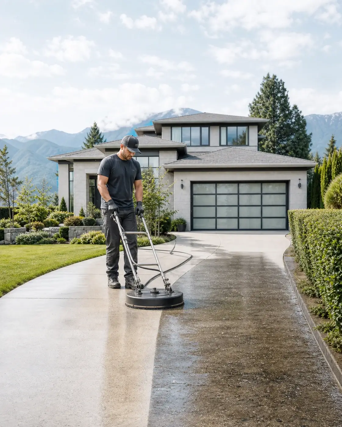 A driveway pressure washed back to fresh, clean concrete