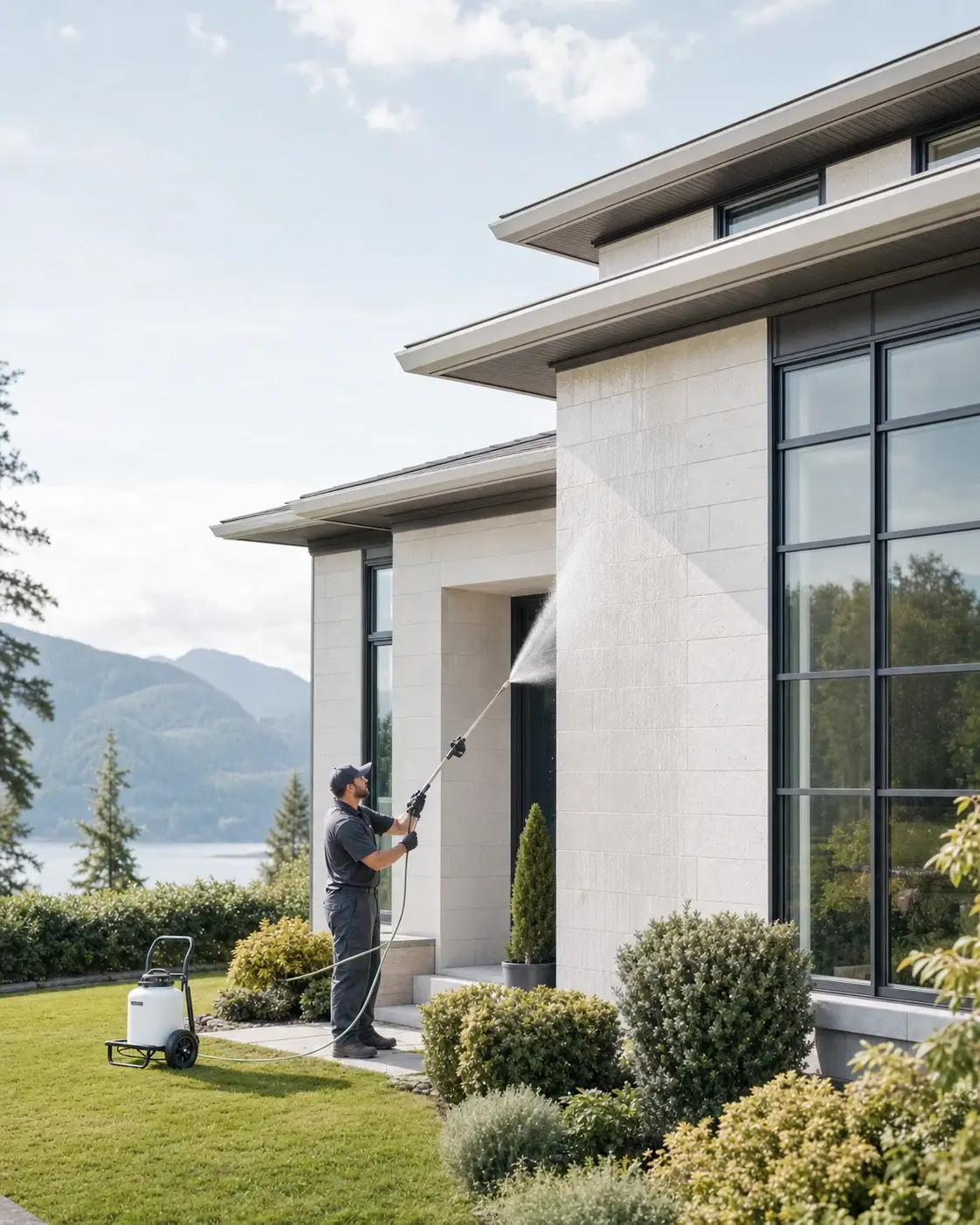 A Vancouver home's siding being soft washed with the North Shore mountains behind