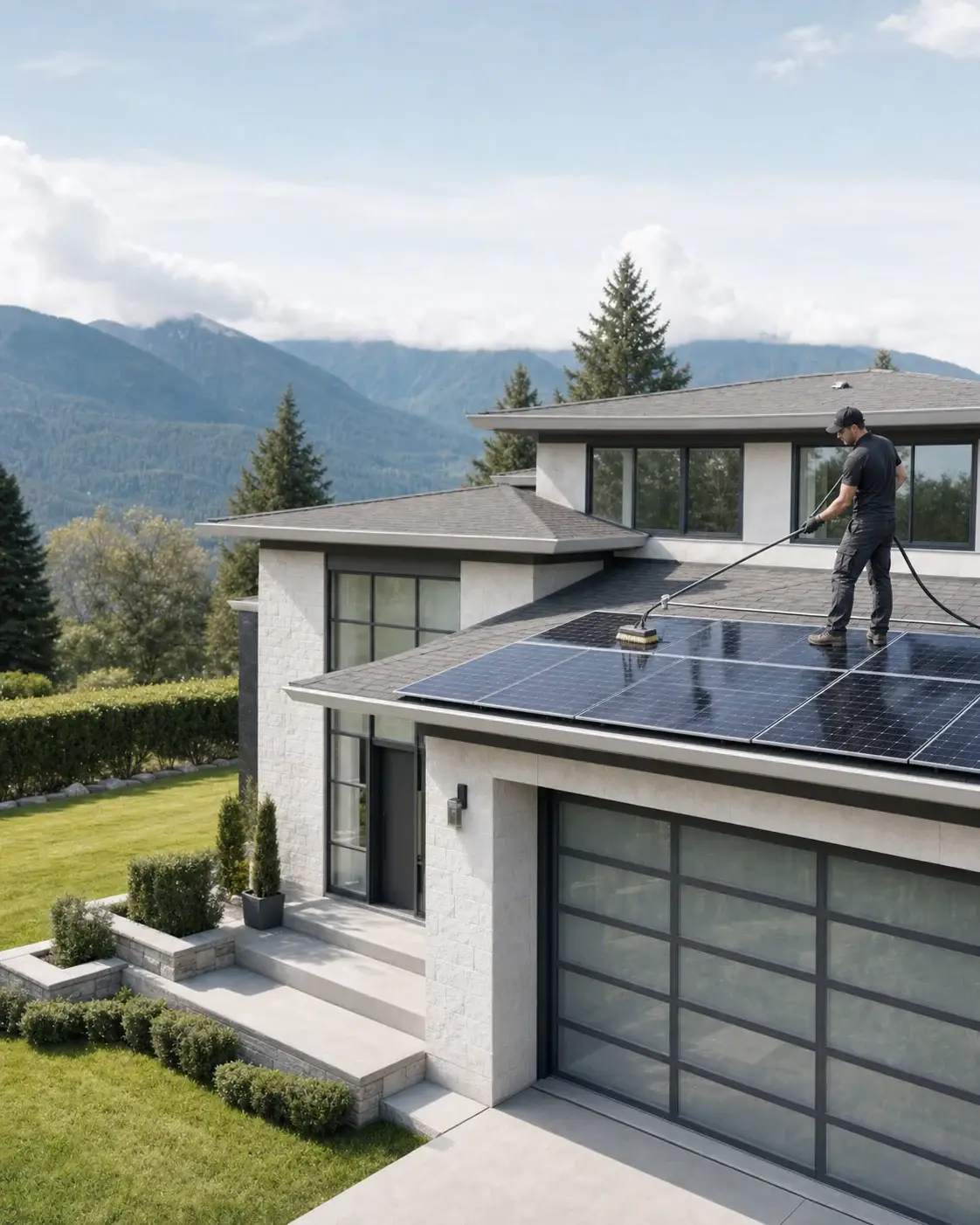 Rooftop solar panels being cleaned of dust and film